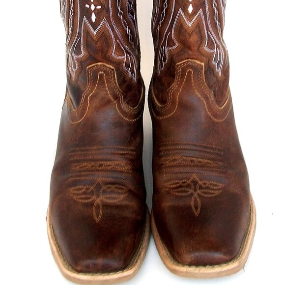 Justin Brown & White Leather Mid\Calf SquareToe Embroidered Cowgirl Boots 9M 39M - Picture 3 of 9